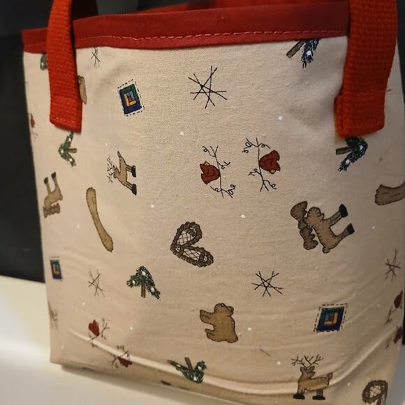 NEW Reusable Fabric Gift Bag Christmas Moose Beige Red Farmhouse style 9x9x4" - Picture 2 of 5